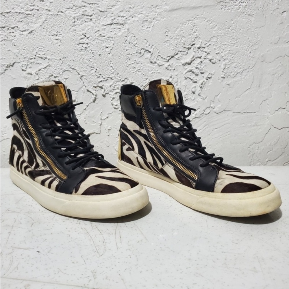 Giuseppe Zanotti Black White and Gold Zebra Print Pony Hair High Top
